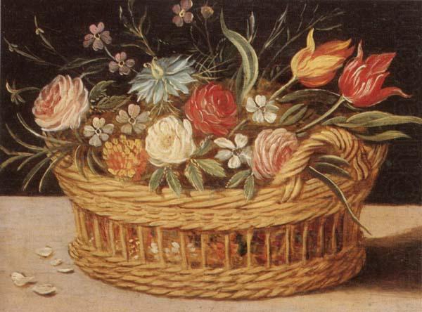 unknow artist Still life of roses,tulips,chyrsanthemums and cornflowers,in a wicker basket,upon a ledge china oil painting image